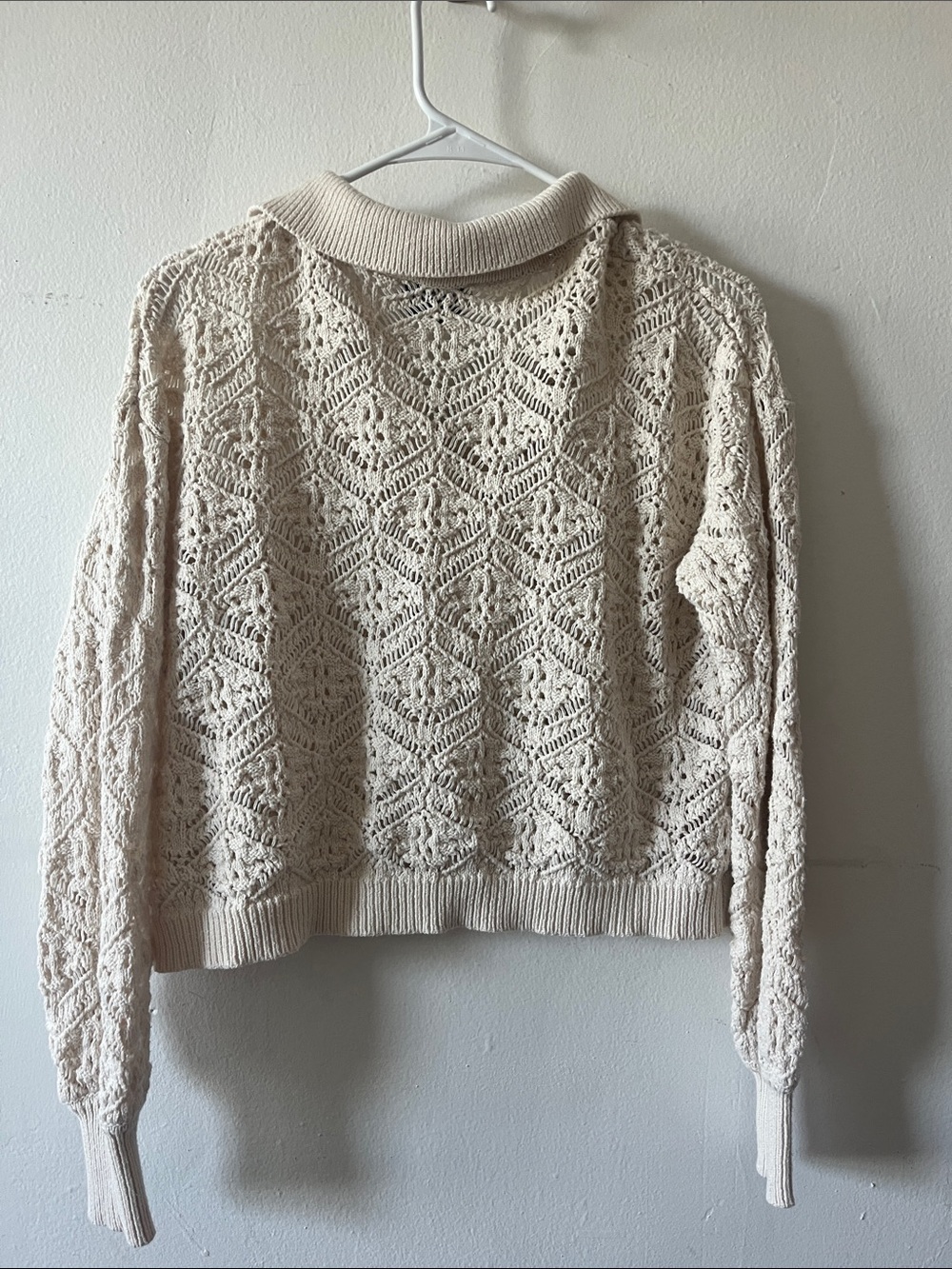 Open-Knit V-Neck Polo Sweater in Cream See-Through - Picture 7 of 8